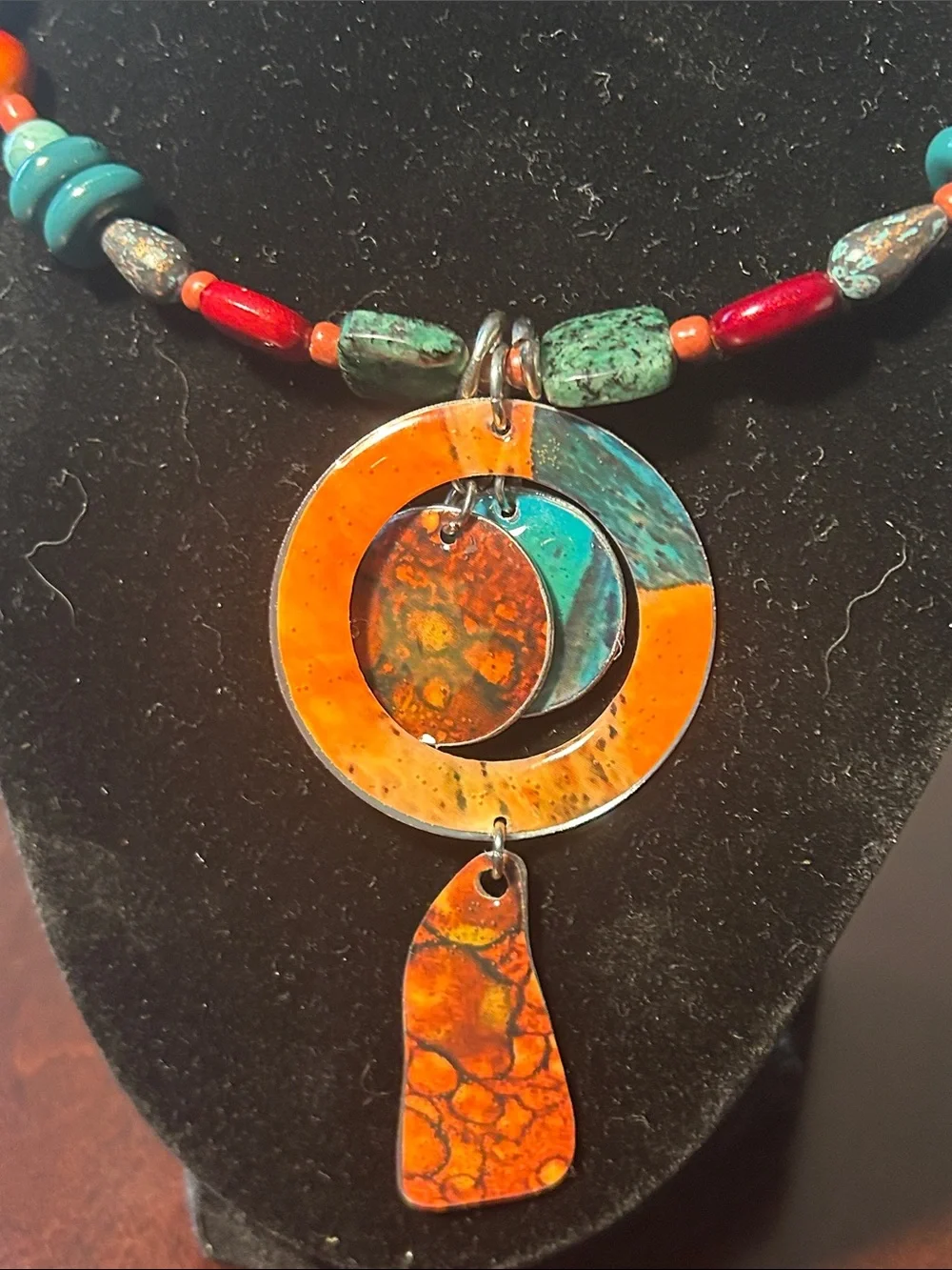 Vibrant Orange & Turquoise Mixed Bead Pendant Necklace